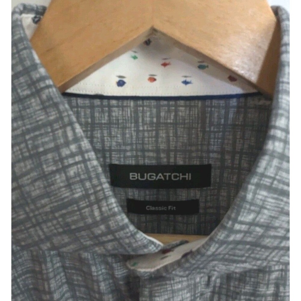 Bugatchi Men Large Classic Fit Gray Crosshatch Long Sleeve Dress Shirt Cotton - Picture 2 of 7